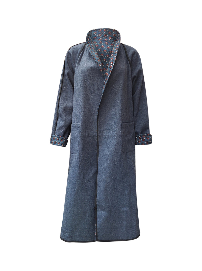 reversible recycled wool coat blue grey